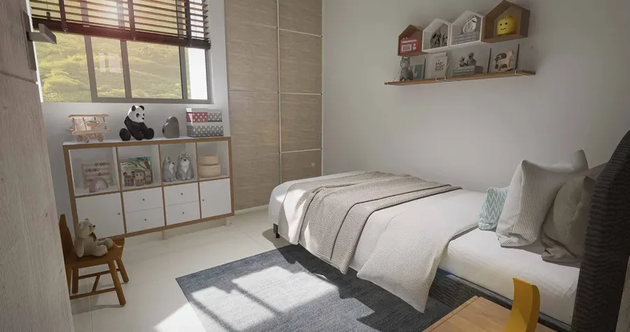 Habitación infantil con cama sencilla, repisas y almacenamiento
