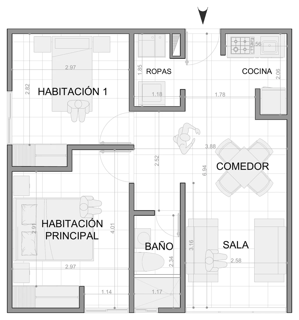 Plano del apartamento de 2 habitaciones: 2 habitaciones, baño, cocina, cuarto de ropas y sala comedor