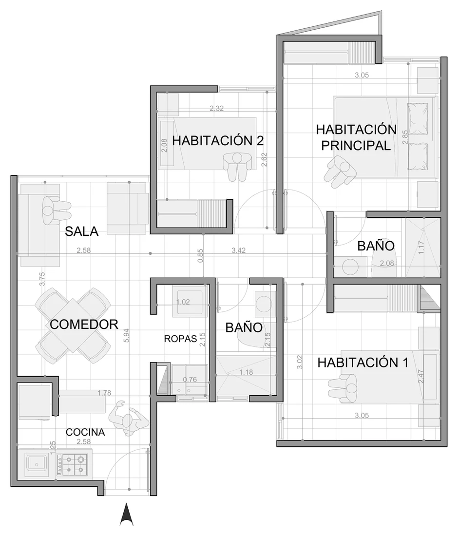 Plano del apartamento de 3 habitaciones: 3 habitaciones, 2 baños, cocina, cuarto de ropas y sala comedor