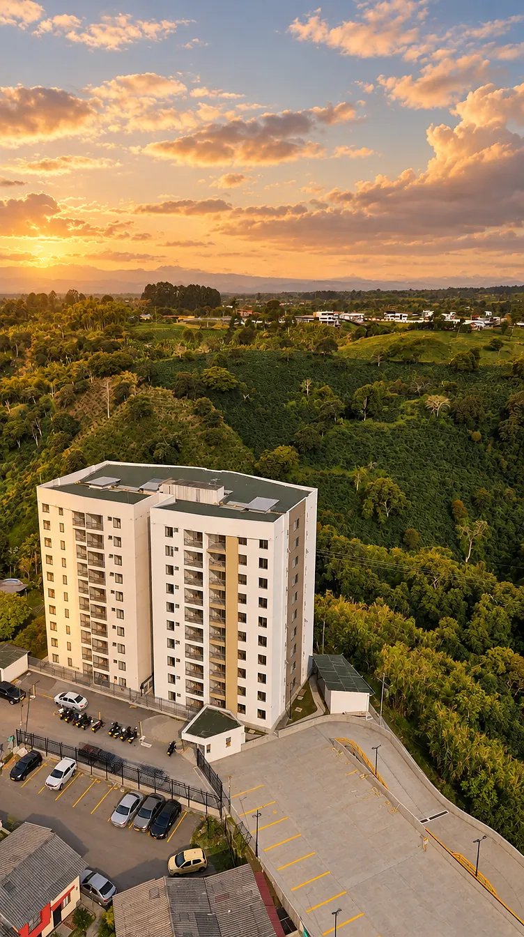Imagen de referencia: vista aérea de la torre Alegranza al atardecer, con su parqueadero y los cafetales alrededor